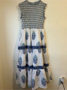 Hand Block Cotton White Summer Maxi Dress with Blue & Teal Floral Print